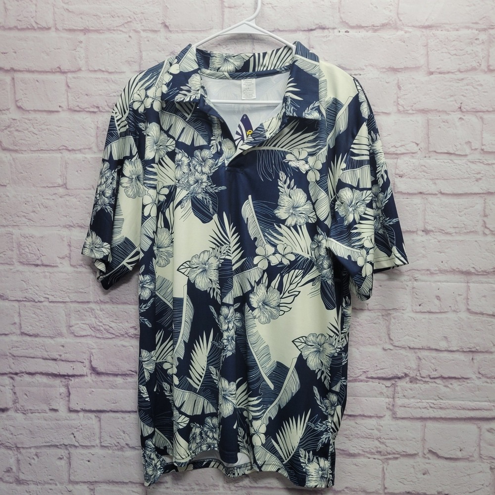 New Palmwave Hawaii Shirt Mens L Blue Tropical Hibiscus Floral Aloha Y2K Coastal